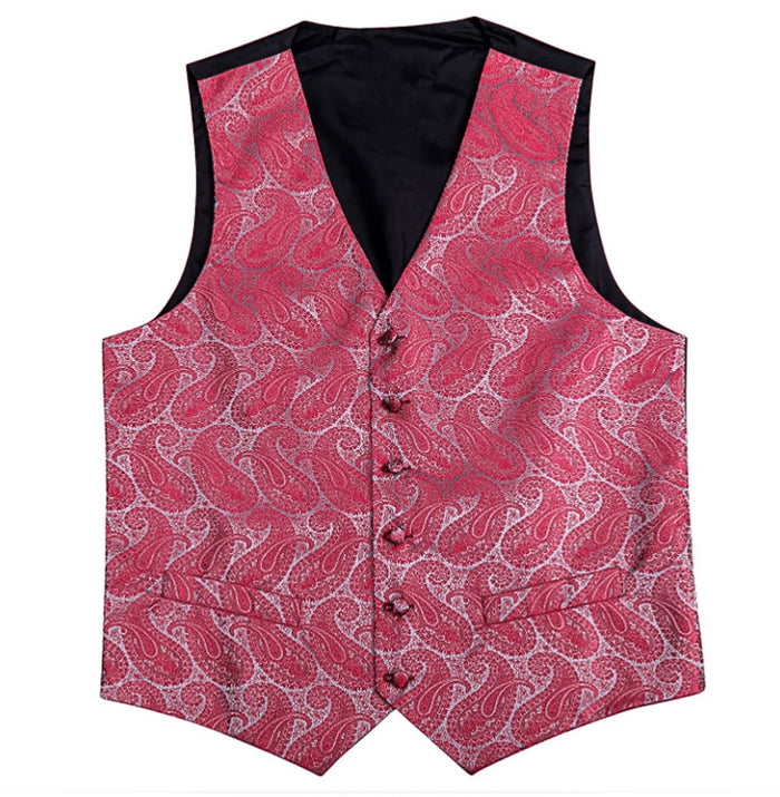 Red And Grey Floral Silk 4pc Waistcoat Vest Necktie Pocket Square Cufflinks Set-MJ-2043 - SimonVon Shop