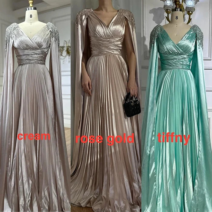 Rose Gold Beaded Satin A-Line Evening Dress with Cape Sleeves LA72663 - SERENE HILL