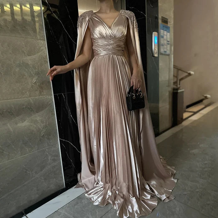 Rose Gold Beaded Satin A-Line Evening Dress with Cape Sleeves LA72663 - SERENE HILL