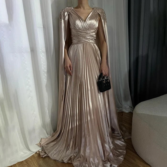 Rose Gold Beaded Satin A-Line Evening Dress with Cape Sleeves LA72663 - SERENE HILL