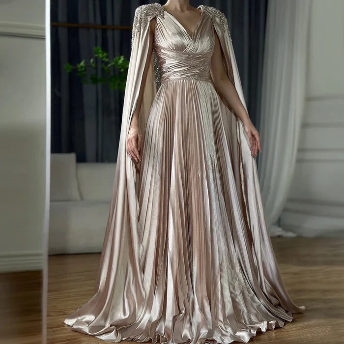 Rose Gold Beaded Satin A-Line Evening Dress with Cape Sleeves LA72663 - SERENE HILL