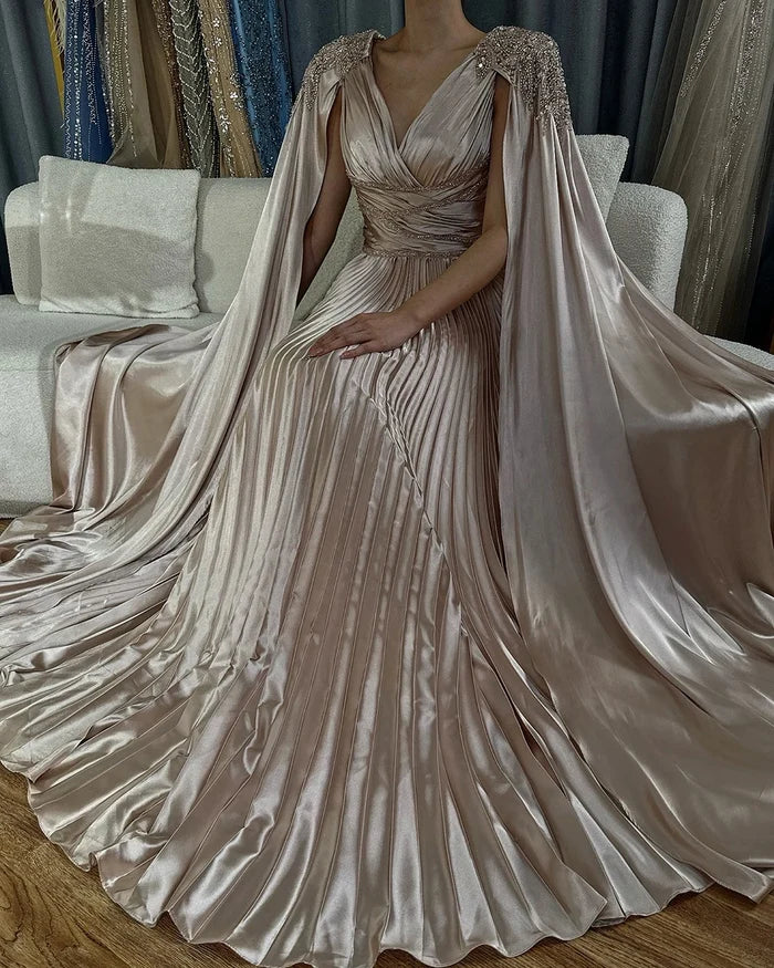 Rose Gold Beaded Satin A-Line Evening Dress with Cape Sleeves LA72663 - SERENE HILL