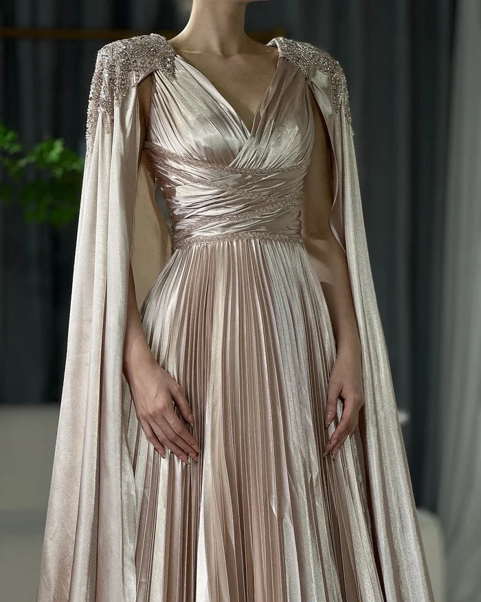 Rose Gold Beaded Satin A-Line Evening Dress with Cape Sleeves LA72663 - SERENE HILL