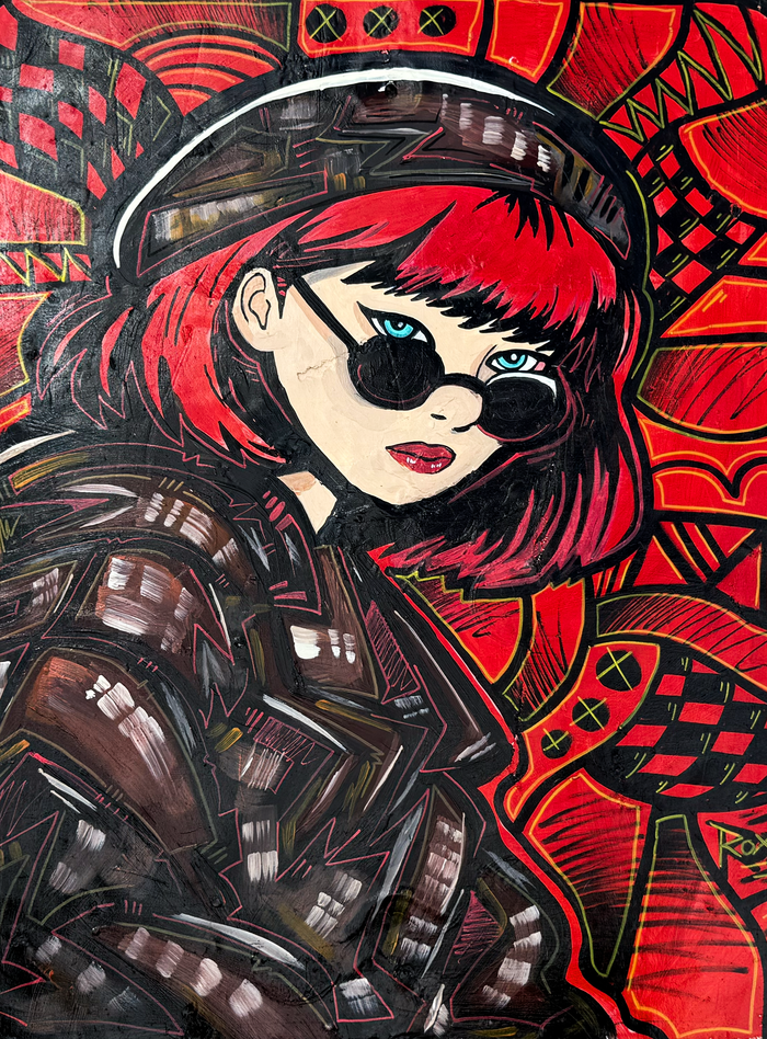 Roxanne, Russian spy girl painting on a reclaimed street sign by Roc Sol