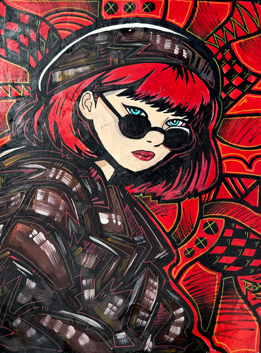 Roxanne, Russian spy girl painting on a reclaimed street sign by Roc Sol
