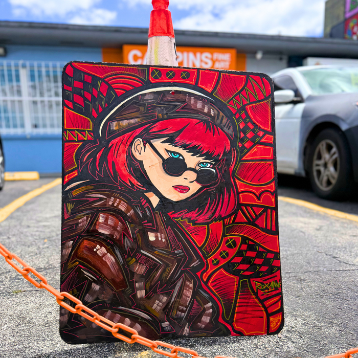 Roxanne, Russian spy girl painting on a reclaimed street sign by Roc Sol