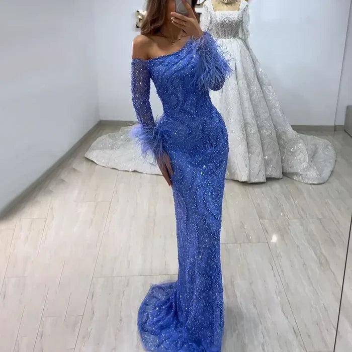 Royal Blue One-Shoulder Mermaid Evening Dress with Beads & Feathers LA72395 - SERENE HILL