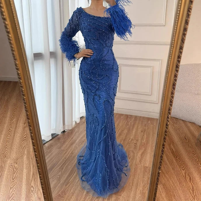 Royal Blue One-Shoulder Mermaid Evening Dress with Beads & Feathers LA72395 - SERENE HILL