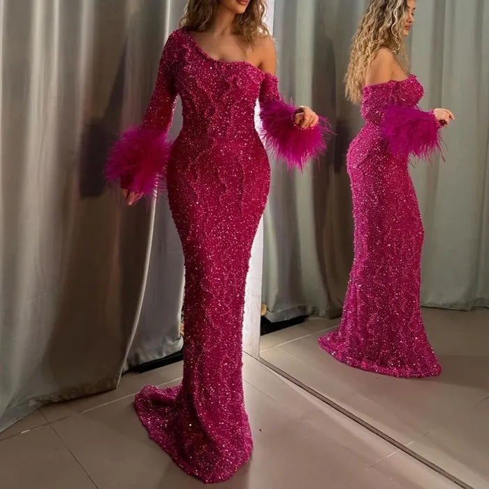 Royal Blue One-Shoulder Mermaid Evening Dress with Beads & Feathers LA72395 - SERENE HILL