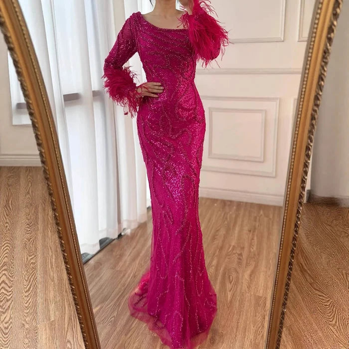 Royal Blue One-Shoulder Mermaid Evening Dress with Beads & Feathers LA72395 - SERENE HILL