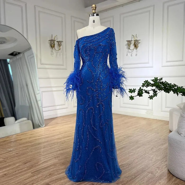 Royal Blue One-Shoulder Mermaid Evening Dress with Beads & Feathers LA72395 - SERENE HILL