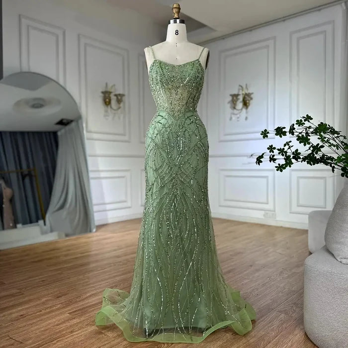 Sage Green Beaded Evening Dress Detachable Overskirt Party LA72733A - SERENE HILL