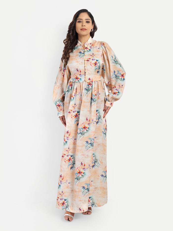 Women’s beige floral Saina dress with long sleeves, flowy maxi fit and elegant stylish design