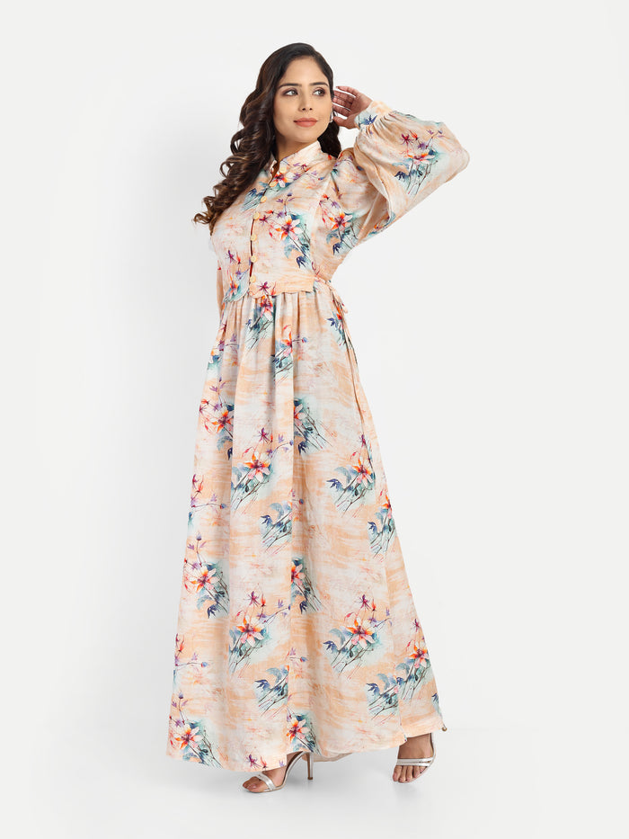 Women’s beige floral Saina dress with long sleeves, flowy maxi fit and elegant stylish design