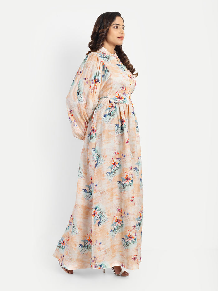 Women’s beige floral Saina dress with long sleeves, flowy maxi fit and elegant stylish design