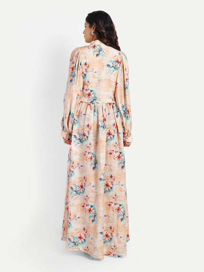 Women’s beige floral Saina dress with long sleeves, flowy maxi fit and elegant stylish design
