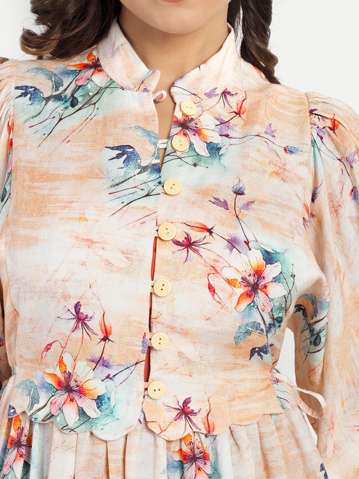 Women’s beige floral Saina dress with long sleeves, flowy maxi fit and elegant stylish design
