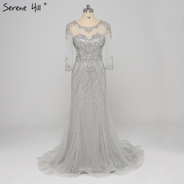 Sale Beading Sequined Tulle Evening Dress Transparent Long Sleeves Mermaid Evening Gown LA6395 - SERENE HILL