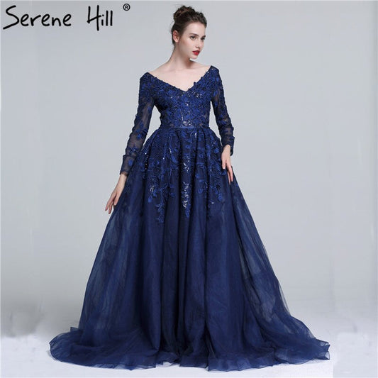 Sale Serene Hill 2025 Dark Blue Deep-V Tulle Evening Dresses Newest Long Sleeve Appliques Sequined Gowns LA6099 - SERENE HILL