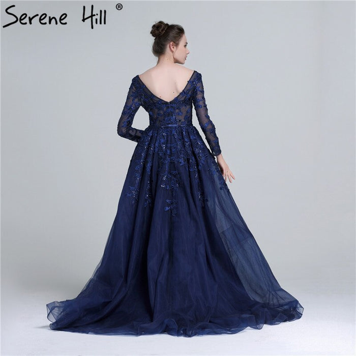 Sale Serene Hill 2025 Dark Blue Deep-V Tulle Evening Dresses Newest Long Sleeve Appliques Sequined Gowns LA6099 - SERENE HILL