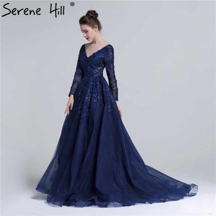Sale Serene Hill 2025 Dark Blue Deep-V Tulle Evening Dresses Newest Long Sleeve Appliques Sequined Gowns LA6099 - SERENE HILL