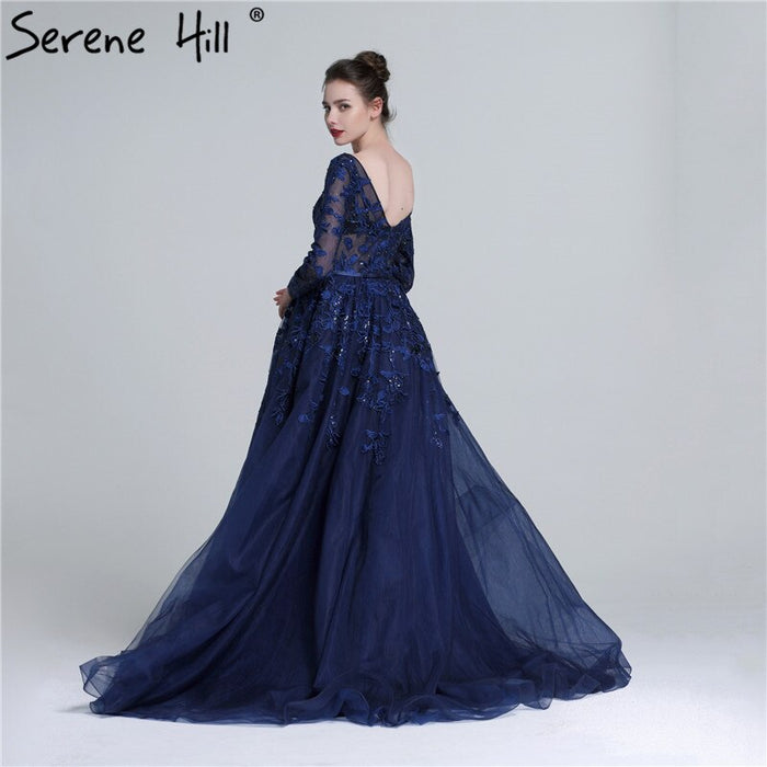 Sale Serene Hill 2025 Dark Blue Deep-V Tulle Evening Dresses Newest Long Sleeve Appliques Sequined Gowns LA6099 - SERENE HILL