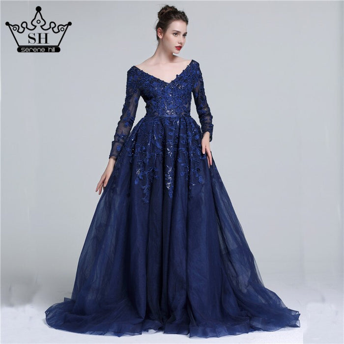 Sale Serene Hill 2025 Dark Blue Deep-V Tulle Evening Dresses Newest Long Sleeve Appliques Sequined Gowns LA6099 - SERENE HILL