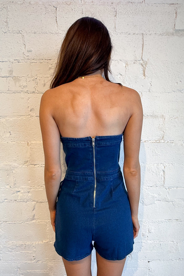 Denim Sarah Strapless Denim Romper Back, adeline boutique, dallas boutique, boutique