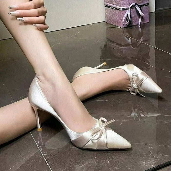Satin Bow Pointed Heels - Fashionnsio