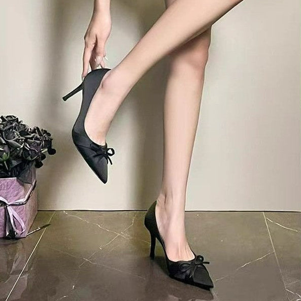 Satin Bow Pointed Heels - Fashionnsio