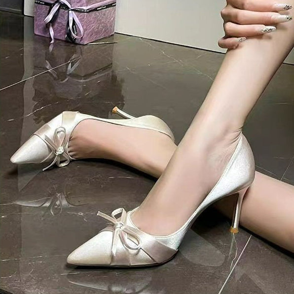 Satin Bow Pointed Heels - Fashionnsio