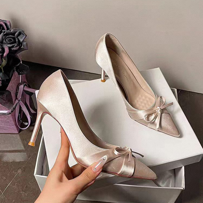 Satin Bow Pointed Heels - Fashionnsio