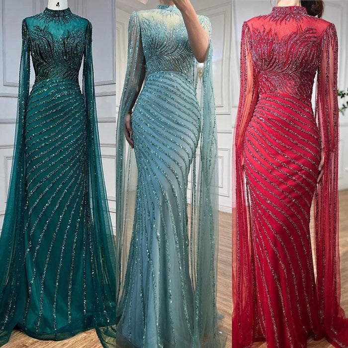 Saudi Arabia Caramel Mermaid Evening Dress with Cape Sleeves LA71885 - SERENE HILL