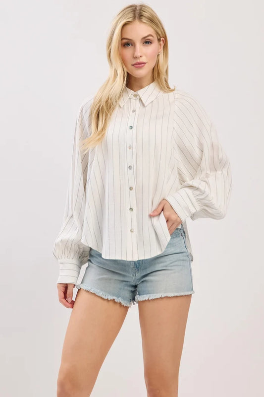 Seaside Pinstripe Balloon Sleeve Blouse