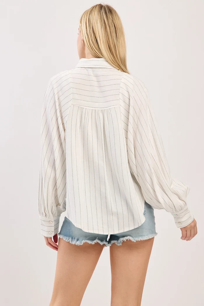 Seaside Pinstripe Balloon Sleeve Blouse