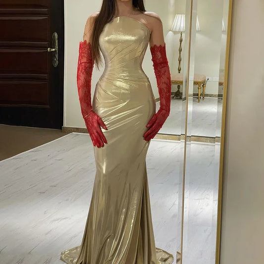 Serene Hill 2025 Arabic Elegant Gold Mermaid Luxury Dubai Evening Gown for Women's Party LA72670 - SERENE HILL