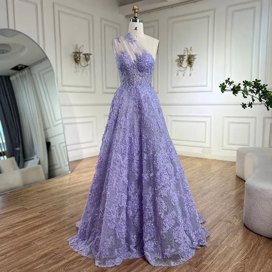 Serene Hill 2025 Arabic Lilac One-Shoulder A-Line Lace Appliques Luxury Prom Dress for Formal Occasion LA72619 - SERENE HILL