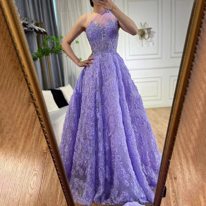 Serene Hill 2025 Arabic Lilac One-Shoulder A-Line Lace Appliques Luxury Prom Dress for Formal Occasion LA72619 - SERENE HILL