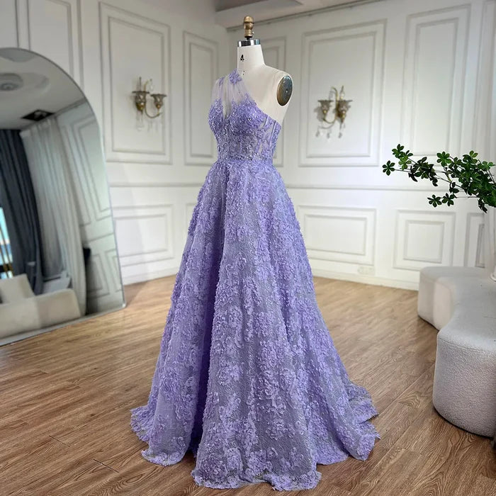 Serene Hill 2025 Arabic Lilac One-Shoulder A-Line Lace Appliques Luxury Prom Dress for Formal Occasion LA72619 - SERENE HILL