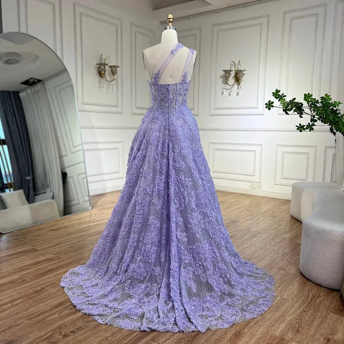 Serene Hill 2025 Arabic Lilac One-Shoulder A-Line Lace Appliques Luxury Prom Dress for Formal Occasion LA72619 - SERENE HILL
