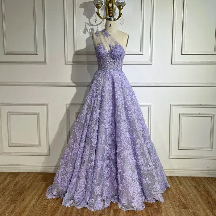 Serene Hill 2025 Arabic Lilac One-Shoulder A-Line Lace Appliques Luxury Prom Dress for Formal Occasion LA72619 - SERENE HILL