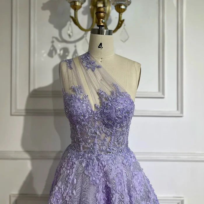 Serene Hill 2025 Arabic Lilac One-Shoulder A-Line Lace Appliques Luxury Prom Dress for Formal Occasion LA72619 - SERENE HILL