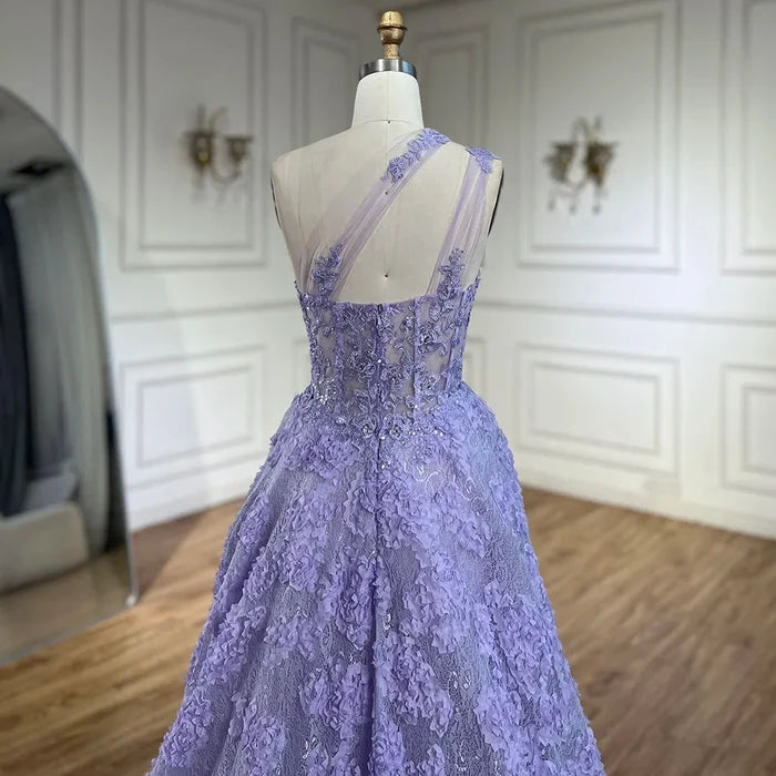 Serene Hill 2025 Arabic Lilac One-Shoulder A-Line Lace Appliques Luxury Prom Dress for Formal Occasion LA72619 - SERENE HILL