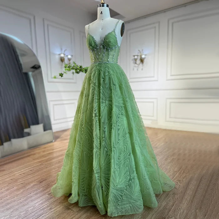 Serene Hill 2025 Arabic Sage Green Elegant Spaghetti Strap A-Line Prom Dress LA72636 - SERENE HILL