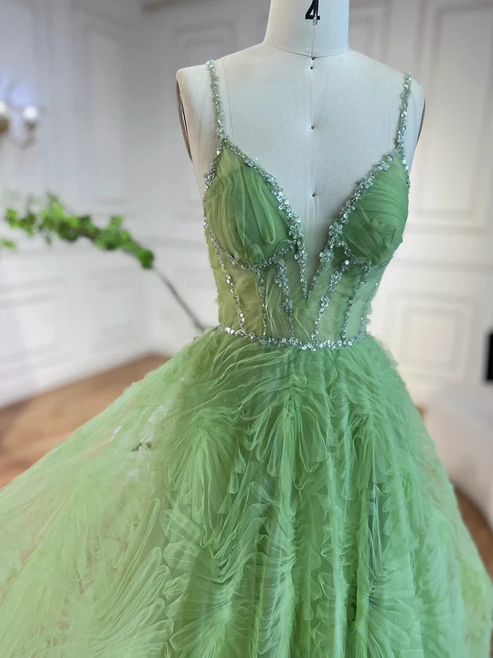 Serene Hill 2025 Arabic Sage Green Elegant Spaghetti Strap A-Line Prom Dress LA72636 - SERENE HILL