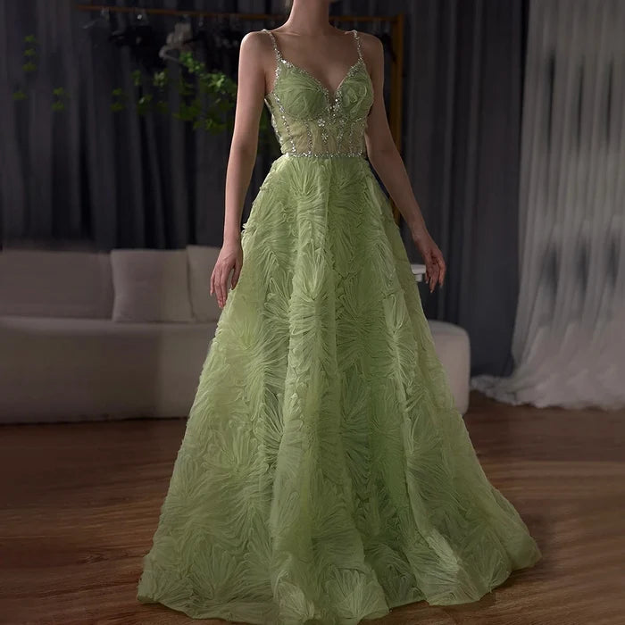 Serene Hill 2025 Arabic Sage Green Elegant Spaghetti Strap A-Line Prom Dress LA72636 - SERENE HILL