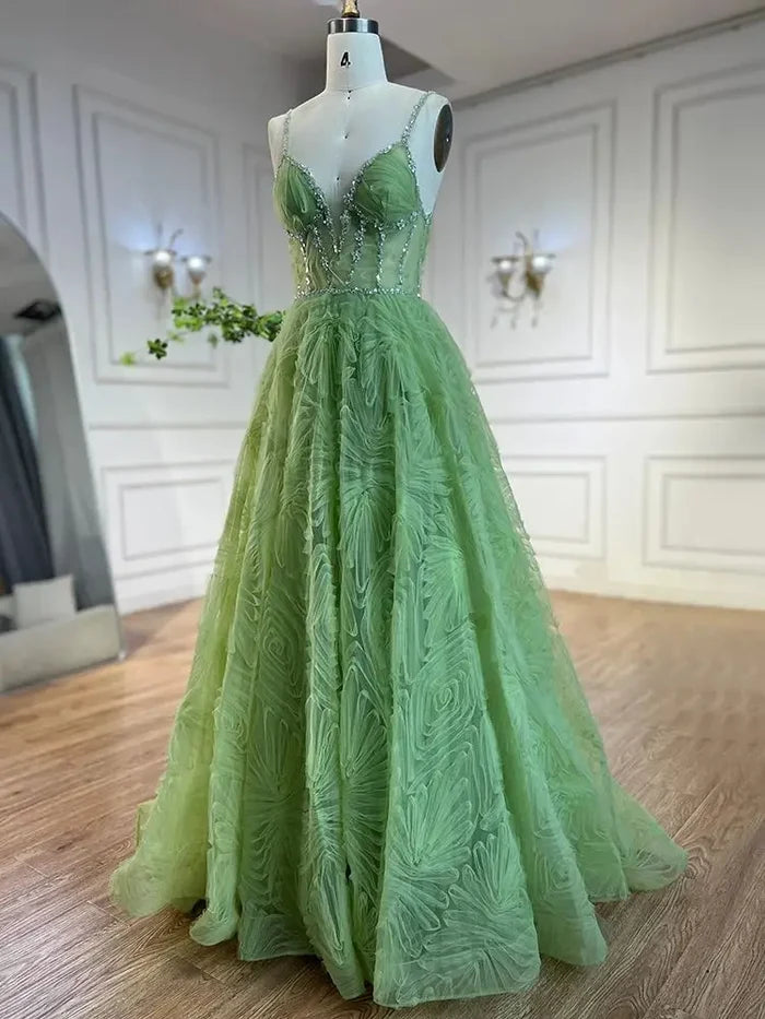 Serene Hill 2025 Arabic Sage Green Elegant Spaghetti Strap A-Line Prom Dress LA72636 - SERENE HILL