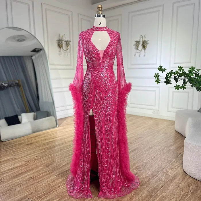 Serene Hill Arabic Luxury Fuchsia Evening Dress with Cape Sleeves LA72597 - SERENE HILL