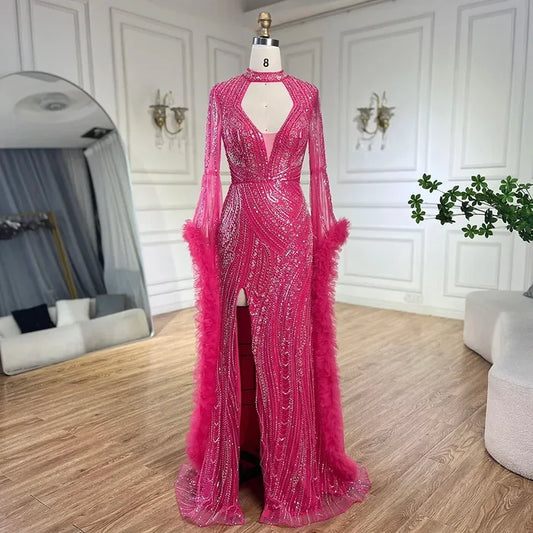 Serene Hill Arabic Luxury Fuchsia Evening Dress with Cape Sleeves LA72597 - SERENE HILL