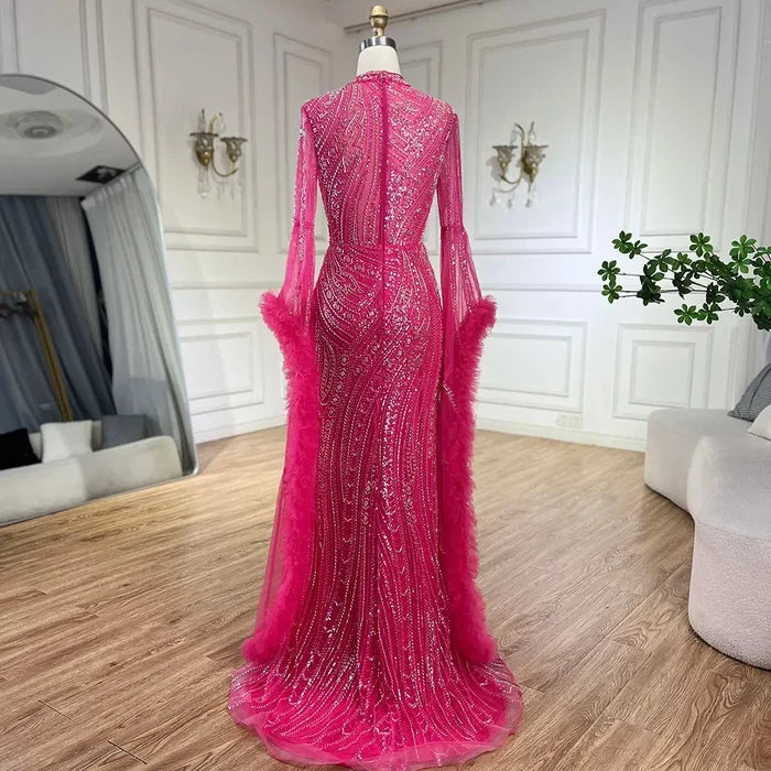 Serene Hill Arabic Luxury Fuchsia Evening Dress with Cape Sleeves LA72597 - SERENE HILL